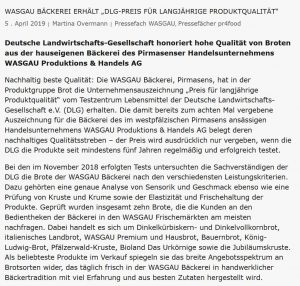 WASGAU Bäckerei erhält “DLG-Preis für langjährige Produktqualität”