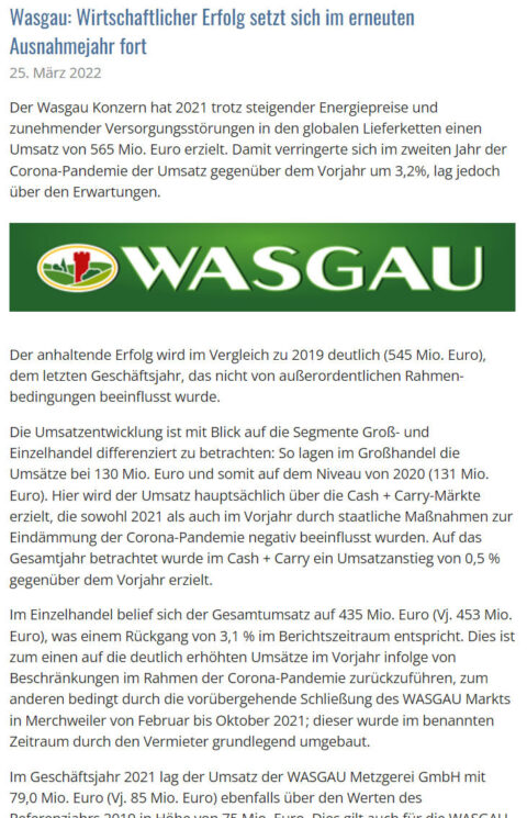Wasgau: Wirtschaftlicher Erfolg setzt sich im erneuten Ausnahmejahr fort