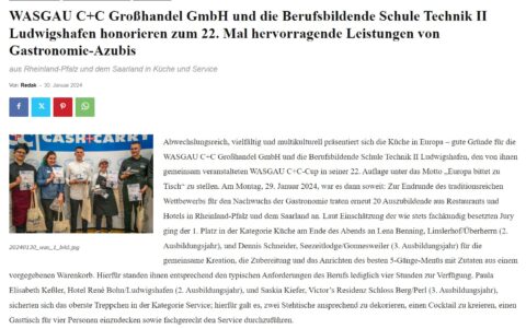 WASGAU C+C Großhandel GmbH und die Berufsbildende Schule Technik II Ludwigshafen honorieren zum 22. Mal hervorragende Leistungen von Gastronomie-Azubis
