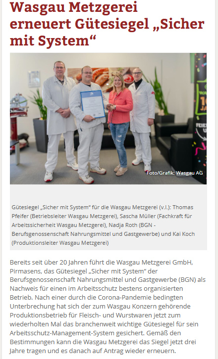Wasgau Metzgerei erneuert Gütesiegel „Sicher mit System“