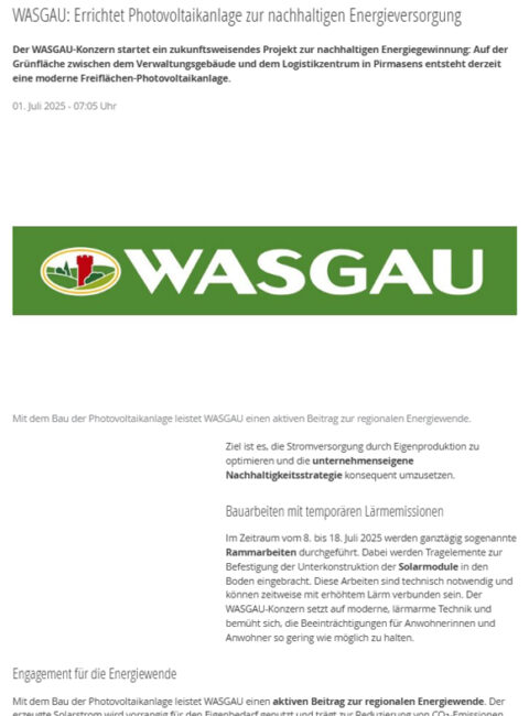 WASGAU: Errichtet Photovoltaikanlage zur nachhaltigen Energieversorgung