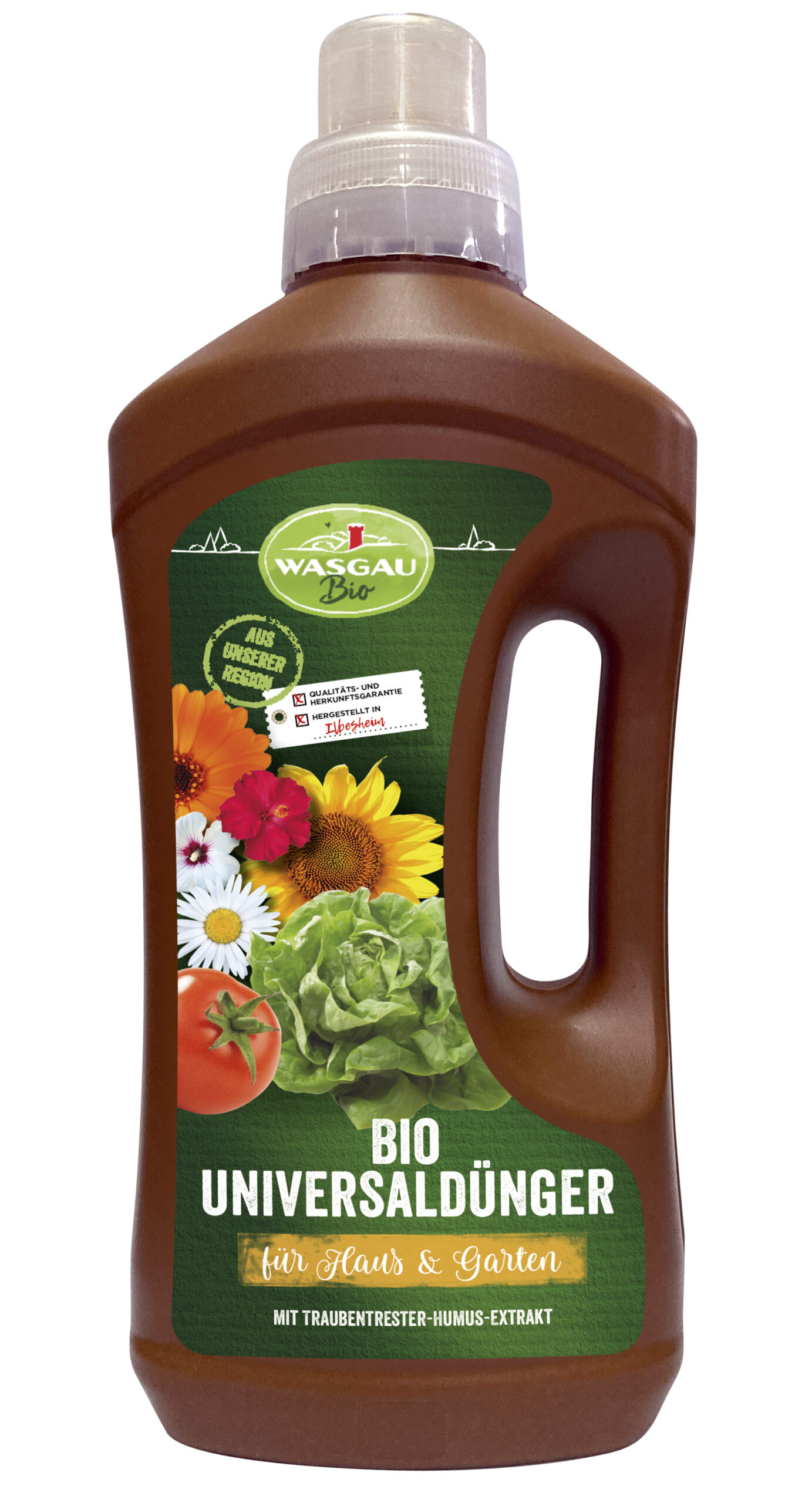 Darstellung einer braunen Flasche mit einem Dosierverschluss, Inhalt ist der Bio Universaldünger von WASGAU