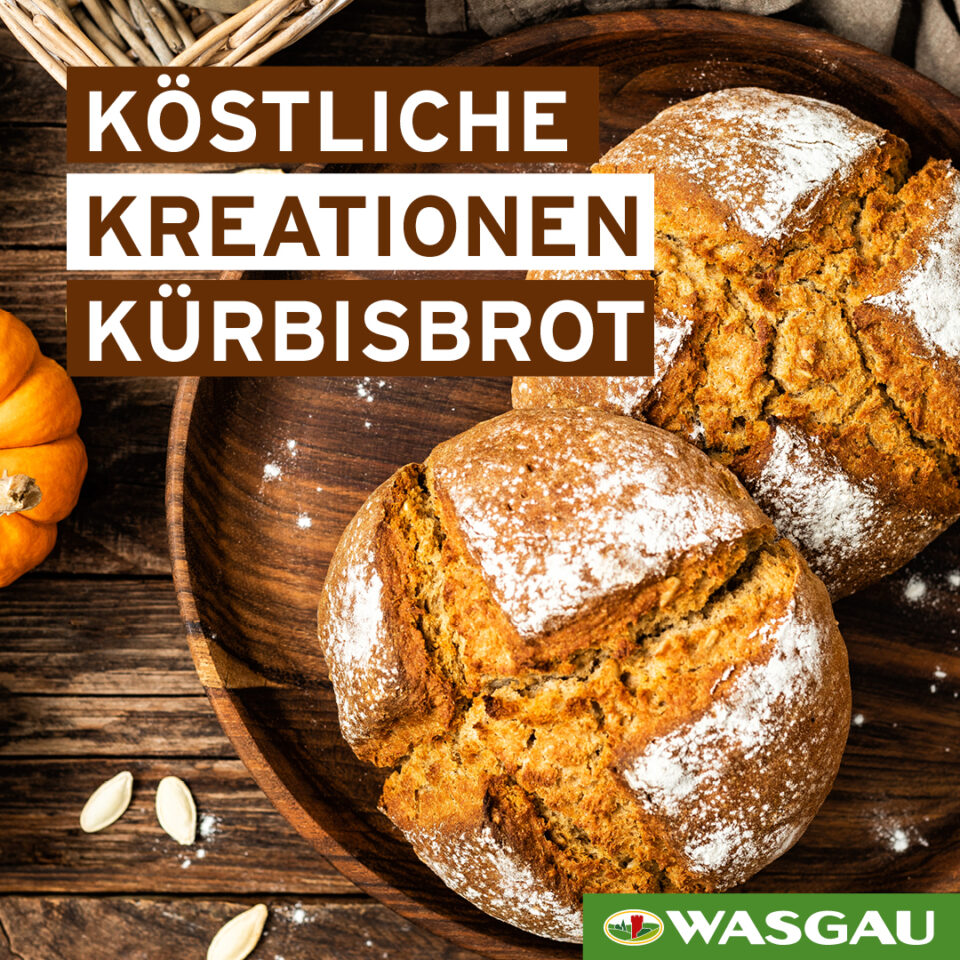 Zwei Brote mit rustikalem Kürbisbrot - echte Brotkreationen - liegen auf einem Holztisch, umgeben von Kürbiskernen und einem kleinen Kürbis.