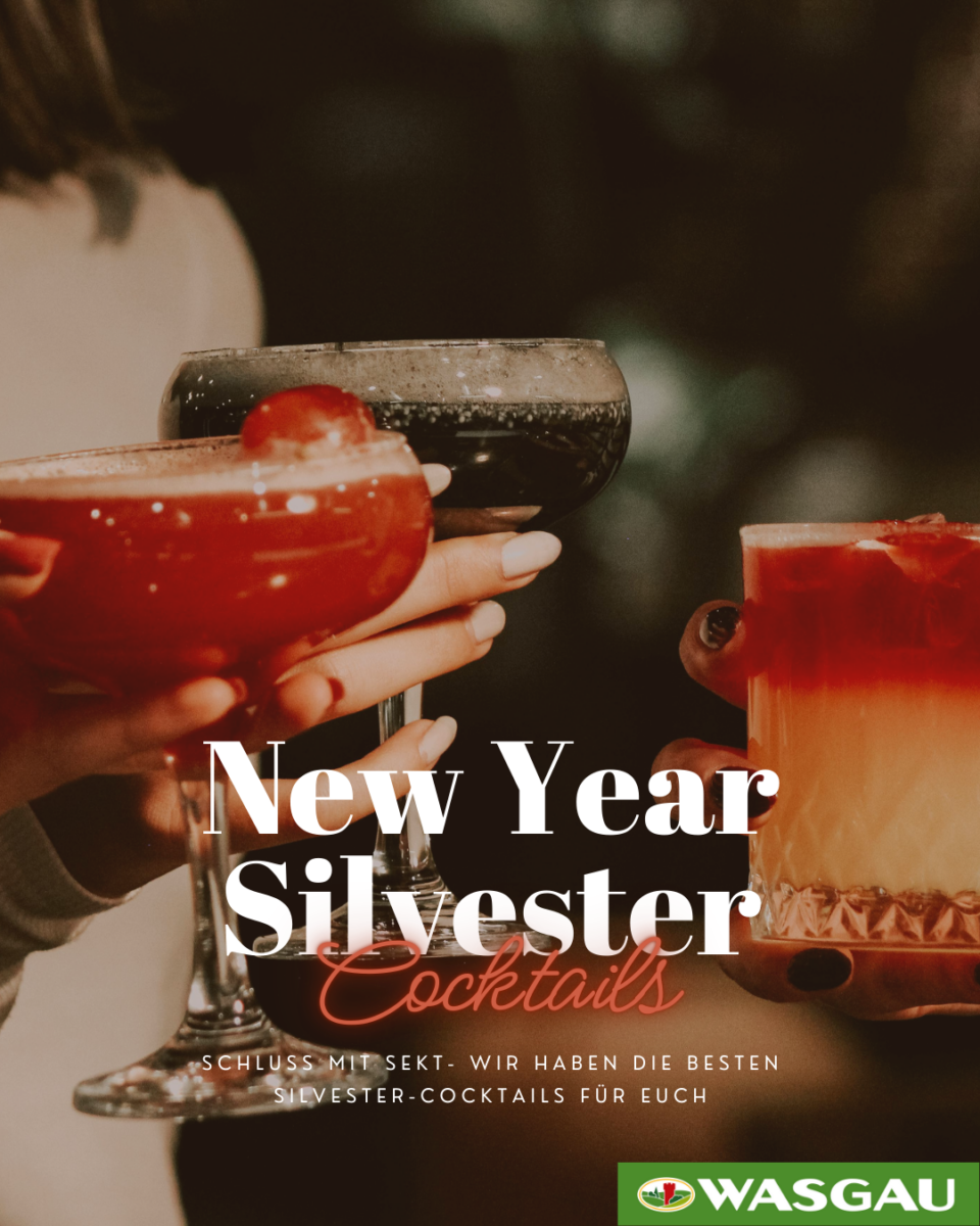 Drei Hände, die festliche Cocktails halten, überlagert mit 