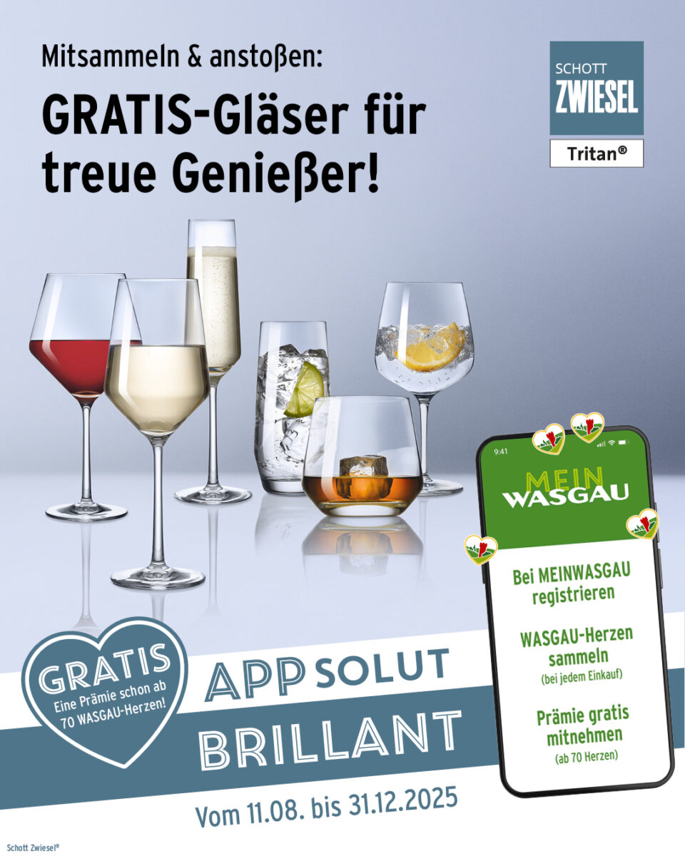 Verschiedene Trinkgläser und ein Smartphone zeigen Informationen zu einer von DC Superhelden inspirierten Glas-Giveaway-Aktion von Schott Zwiesel an.
