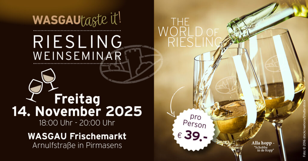 Zwei Weißweingläser klirren; der Text wirbt für ein Riesling-Weinseminar und eine Weinprobe am 14. November 2025.