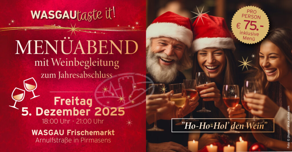 Festliche Dinner-Werbung mit lächelnden Menschen mit Weihnachtsmannmützen und Wein in der Hand, die für einen besonderen Menüabend am 5. Dezember 2025 werben - reservieren Sie Ihren Platz und erleben Sie einen unvergesslichen Abend!.
