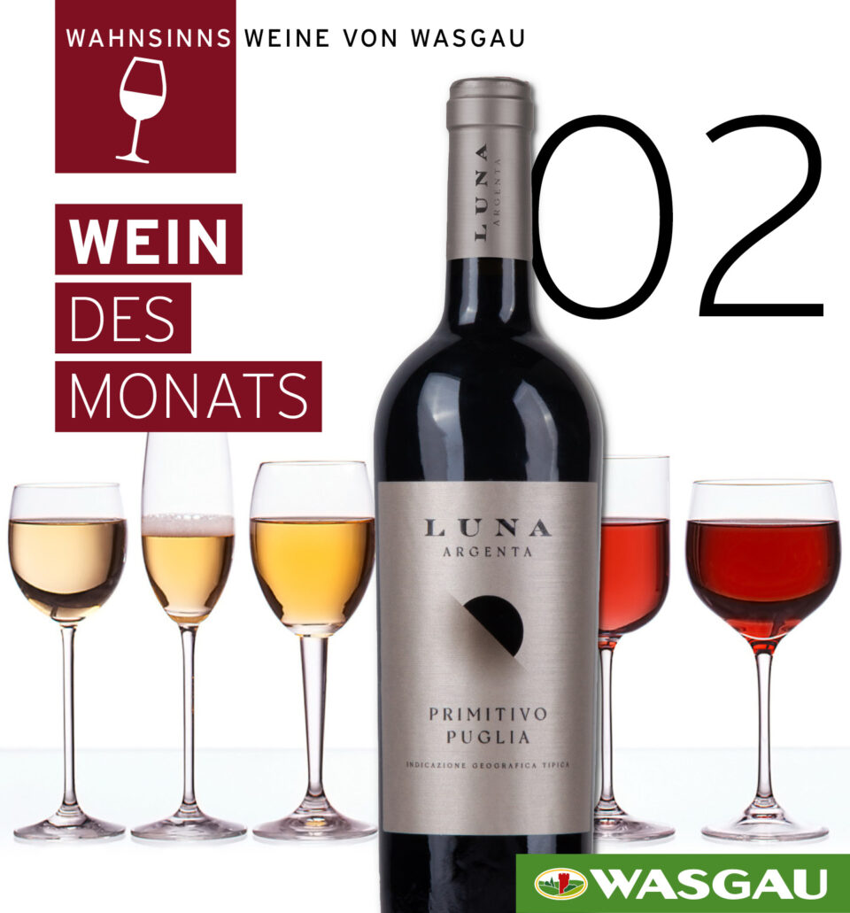 Eine Flasche Luna Argenta Wein mit fünf Gläsern Wein und deutschem Text, der für den 