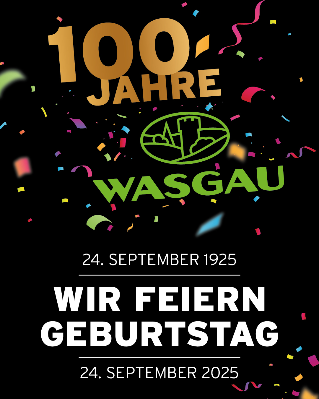 Buntes Konfetti umgibt den Text 
