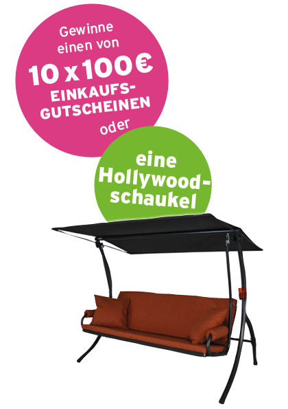 Werbeplakat mit Einkaufsgutschein-Gewinnspiel und Abbildung einer Hollywoodschaukel mit Sonnendach.