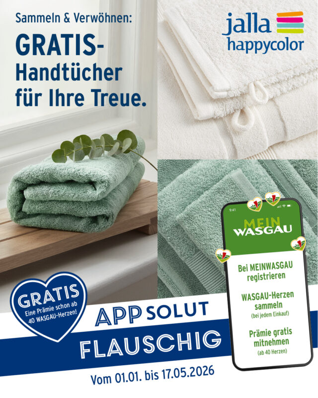 Gefaltete weiße und grüne Handtücher mit einem Telefon, auf dem eine App angezeigt wird, einem Werbetext über ein kostenloses Handtuchangebot und brillanten Gläsern Schott Zwiesel, die im Hintergrund funkeln.