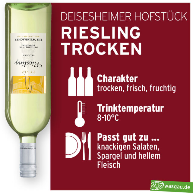 Eine Grafik, die eine umgedrehte Flasche Deidesheimer Hofstück Riesling Trocken aus dem WASGAU-Sortiment zeigt, mit Symbolen und Text, der den trockenen, frischen und fruchtigen Charakter des Weins beschreibt, der bei einer Temperatur von 8-10°C serviert werden kann und perfekt zu Salaten oder hellem Fleisch passt.