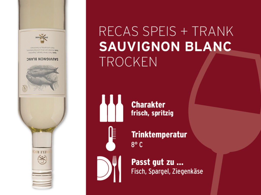 Eine auf den Kopf gestellte Flasche Sauvignon Blanc mit Verkostungsnotizen und Vorschlägen für die Kombination von Sauvignon Blanc und Speisen auf Deutsch auf einem roten Hintergrund.