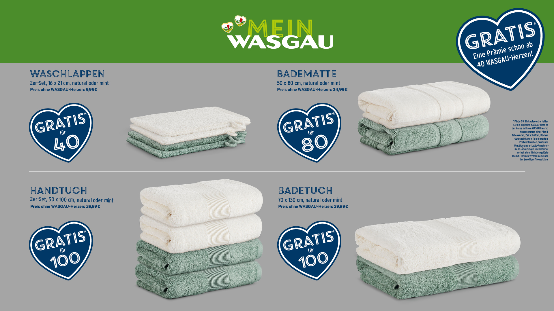 Anzeige von grün-weißen Handtuch-Sets mit Gratiss-Plaketten, ausführlichen Produktbeschreibungen auf Deutsch und flauschigen Handtüchern in der App.