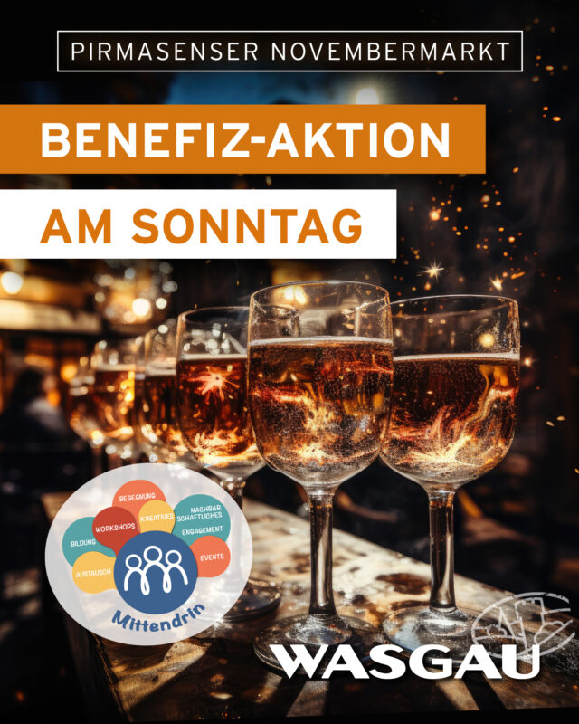 Vier Sektgläser auf einer festlichen Bar, die zur sonntäglichen Benefizveranstaltung auf dem Pirmasenser Novembermarkt einlädt.