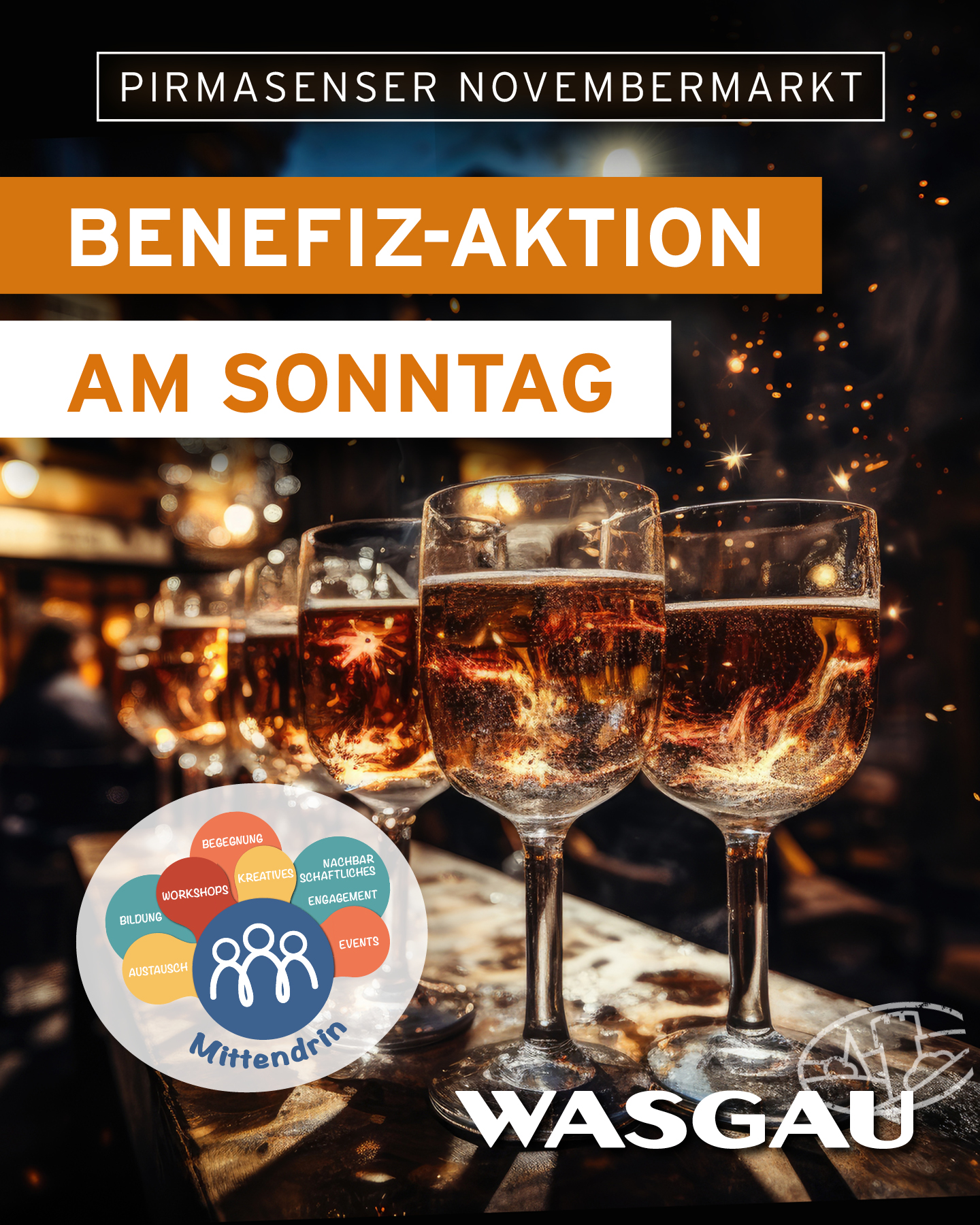 Vier Sektgläser auf einer festlichen Bar, die zur sonntäglichen Benefizveranstaltung auf dem Pirmasenser Novembermarkt einlädt.