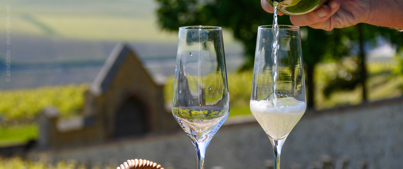 Eine Hand gießt im Freien Champagner in ein Flötenglas ein. Im Hintergrund sind Weinberge und ein Steingebäude zu sehen, die das Wesen der Entspannung in der Prospekt KW 36 widerspiegeln.