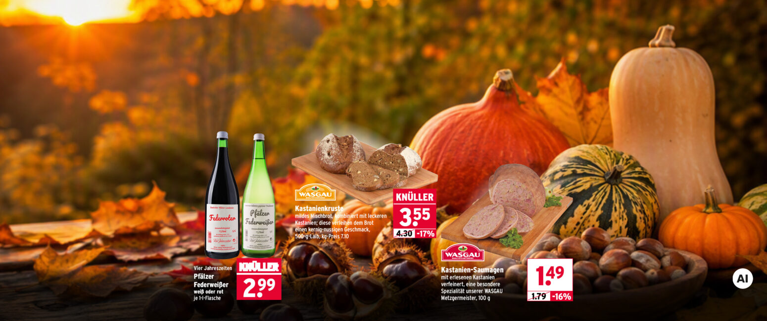 Herbstzeit mit<br>Kastanien, Kürbis & Federweißer