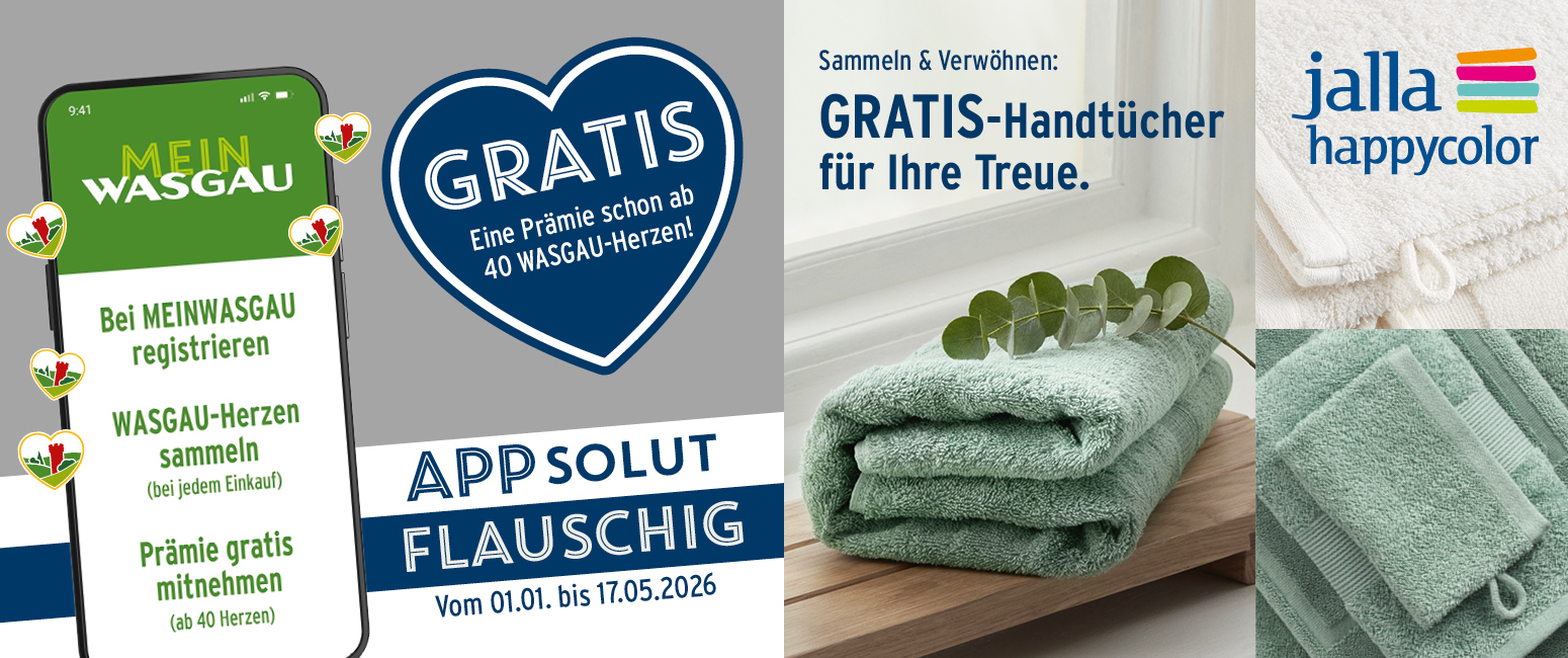 Smartphone und grüne Handtücher bewerben die Treueaktion für kostenlose Tuch-Prämien mit WASGAU und Jalla Happycolor.