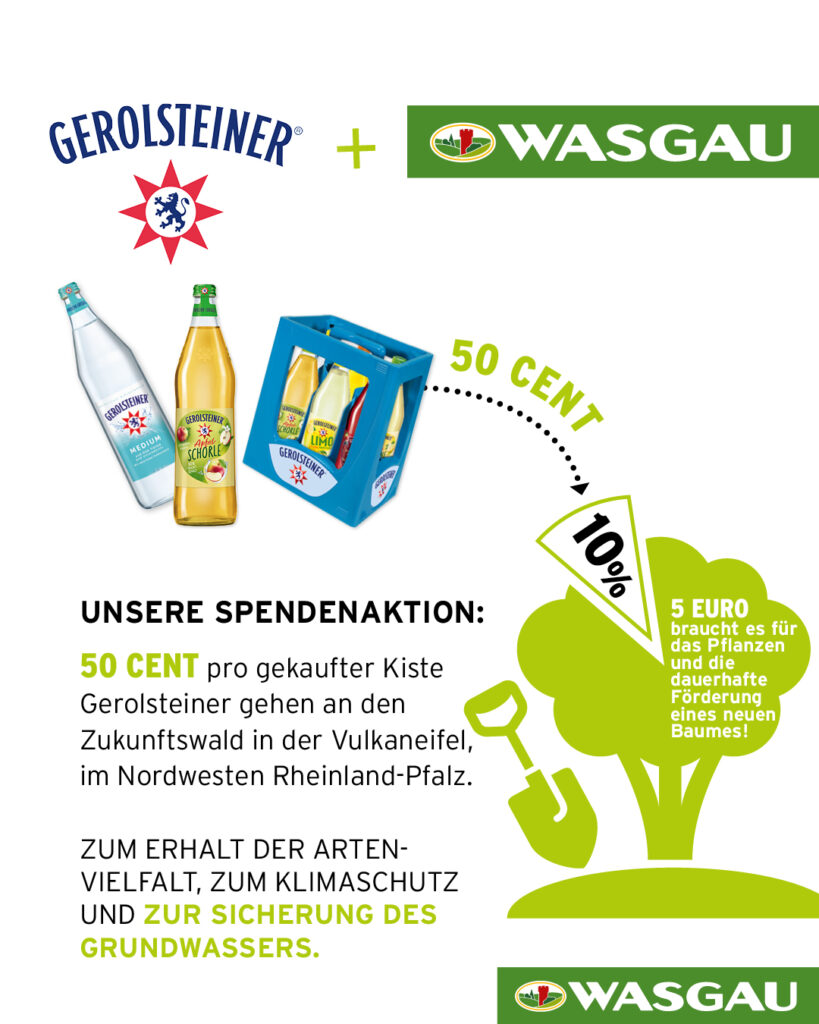 Ein Plakat von Gerolsteiner und WASGAU, das für eine Spende von 50 Cent pro verkaufter Kiste während der Herzenswoche Natur wirbt und damit die wichtige Aufforstungsarbeit unterstützt.