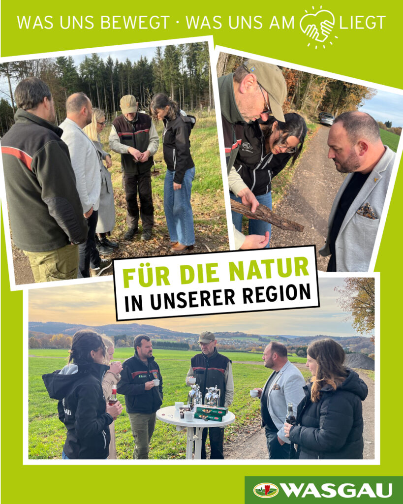 Drei Fotos zeigen Menschen im Freien, die sich unterhalten und Produkte probieren, um für WASGAU - gemeinsam aktiv für eine nachhaltige Zukunft - für die Natur in ihrer Region zu werben.
