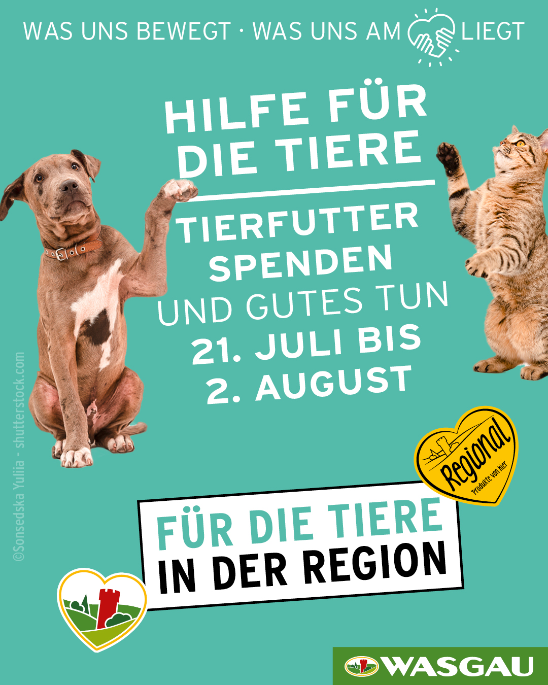 Ein Plakat mit einem Hund und einer Katze wirbt für die WASGAU Herzenswochen Tierfutter-Spendenaktion. Der Text lautet: 