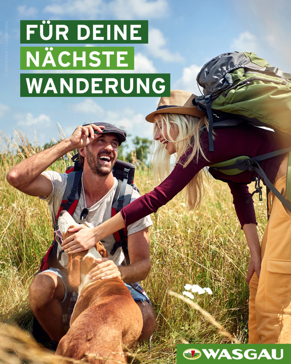 Lächelnde Wanderer mit einem Hund auf einer sonnigen Wiese, die Sonne und den Sommer genießend, mit deutschem Text, der für Wanderschuhe und Wanderbedarf von Wasgau wirbt.