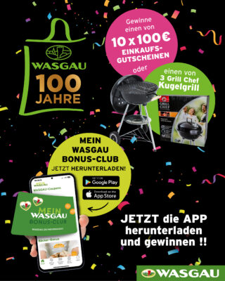 WASGAU App herunterladen, teilnehmen und Einkaufsgutschein gewinnen.