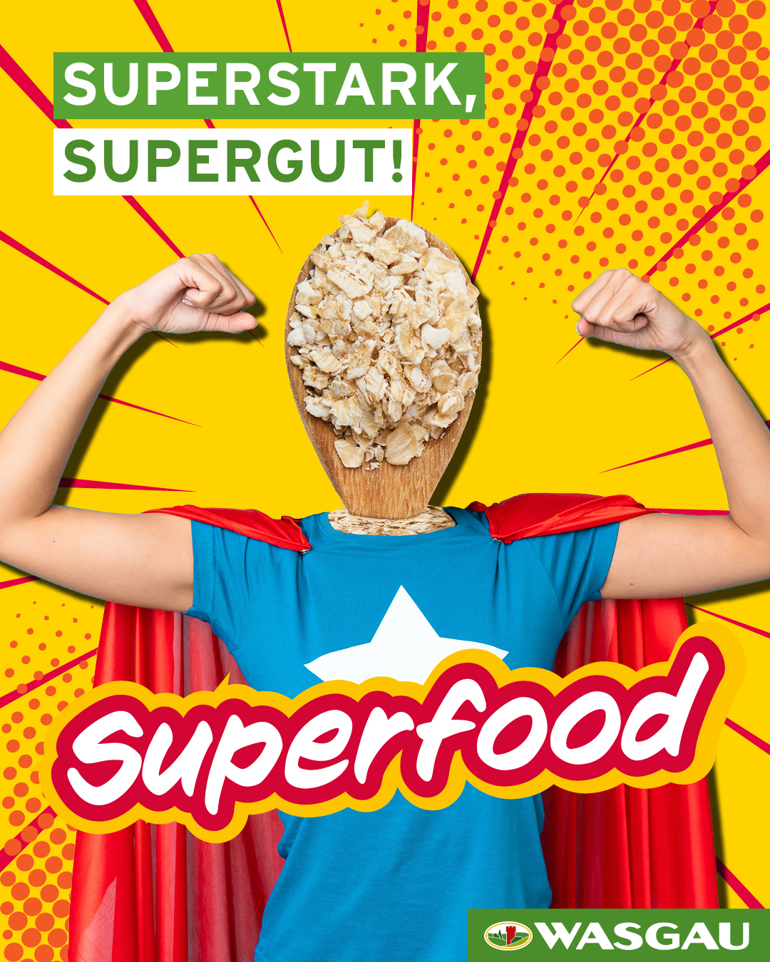 Ein Superheld mit einem Gesicht aus Haferflocken posiert heldenhaft im Kostüm mit dem Schriftzug Superfood