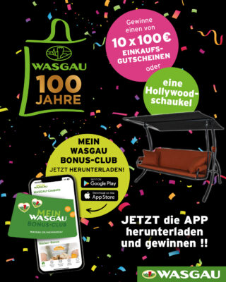 Bunte Werbung mit Konfetti, einer Schaukel, einer Einkaufstasche und einem Telefon, das für die WASGAU App wirbt-jetzt Einkaufsgutschein mit App gewinnen und tolle Preise sichern!.