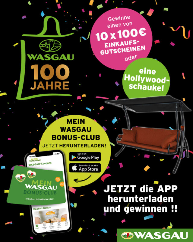 Bunte Werbung mit Konfetti, einer Schaukel, einer Einkaufstasche und einem Telefon, das für die WASGAU App wirbt-jetzt Einkaufsgutschein mit App gewinnen und tolle Preise sichern!.