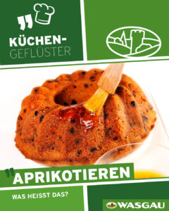 Ein Pinsel streicht Aprikosenglasur auf einen Gugelhupf; der Text lautet "Aprikotieren - Was heißt das? Küchengeflüster rund ums Verfeinern von Kuchen.