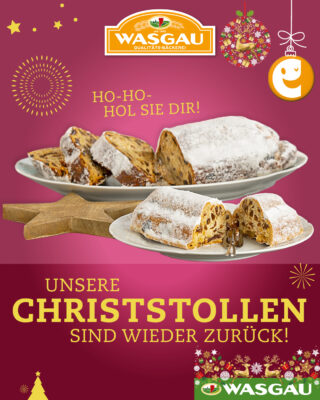 Zwei Teller mit Puderzucker bestreuten Christstollen mit festlichem Weihnachtsschmuck und Wasgau-Bäckerei-Branding bilden eine klassische Christstollen-Weihnachtsszene.