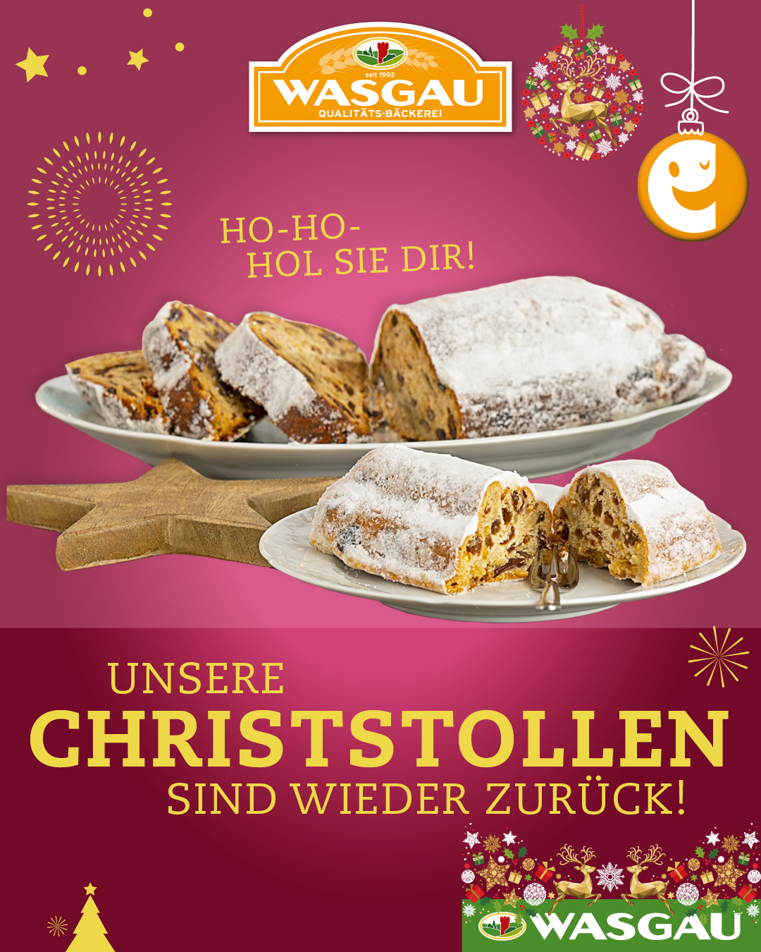 Zwei Teller mit Puderzucker bestreuten Christstollen mit festlichem Weihnachtsschmuck und Wasgau-Bäckerei-Branding bilden eine klassische Christstollen-Weihnachtsszene.
