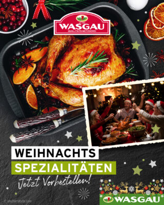 Brathähnchen mit Orangen und Kräutern, festliche Tafel und Menschen, die Weihnachten feiern; Wasgau Branding und Spezialitäten elegant arrangiert.