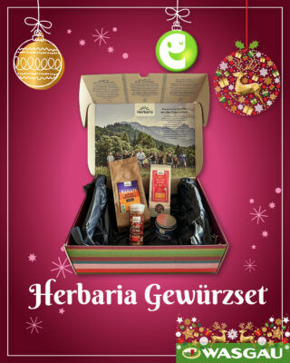 Geöffnete Herbaria-Gewürzbox mit Gewürzdosen, die auf einem festlichen rosa Hintergrund mit Ornamenten präsentiert werden - perfekt für ein Adventsgewinnspiel.