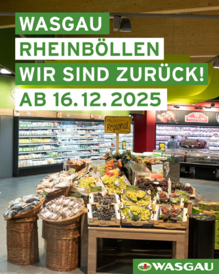 Auslage mit frischen Produkten und Körben in einem Supermarkt in Rheinböllen, mit einem Schild, das die Wiedereröffnung am 16. Dezember 2025 ankündigt.