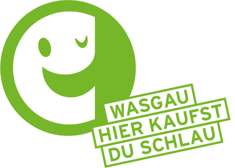 Grünes Logo mit lächelndem Gesicht und deutschem Text: "Wasgau Hier kaufst du schlau.
