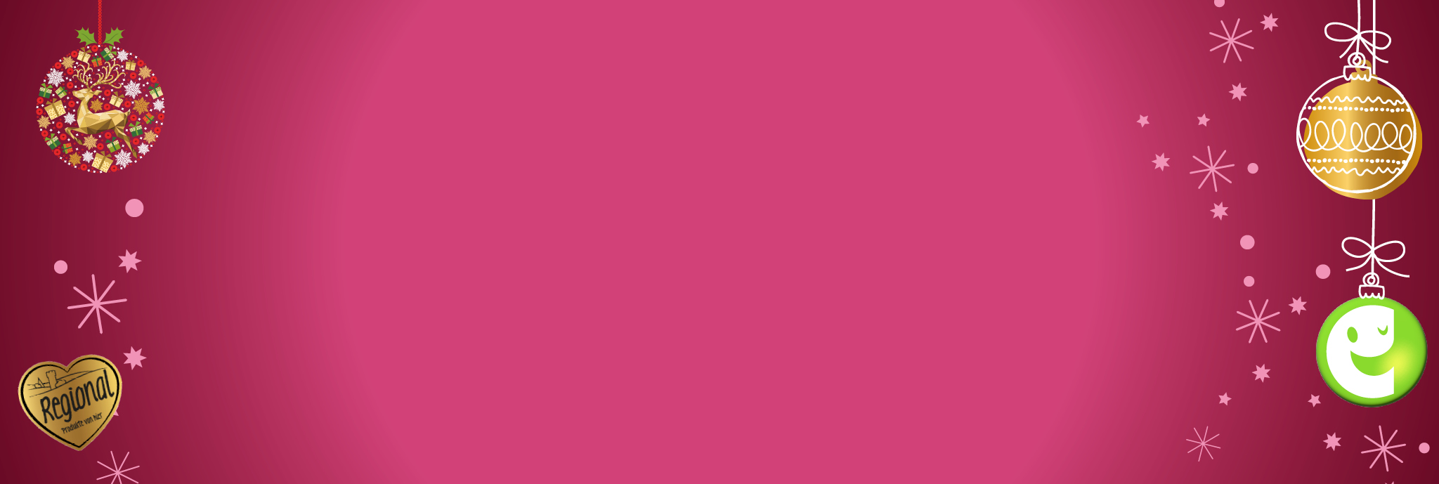 Rosa Hintergrund mit Weihnachtsschmuck, Keksen und Schneeflocken, die den linken und rechten Rand schmücken.